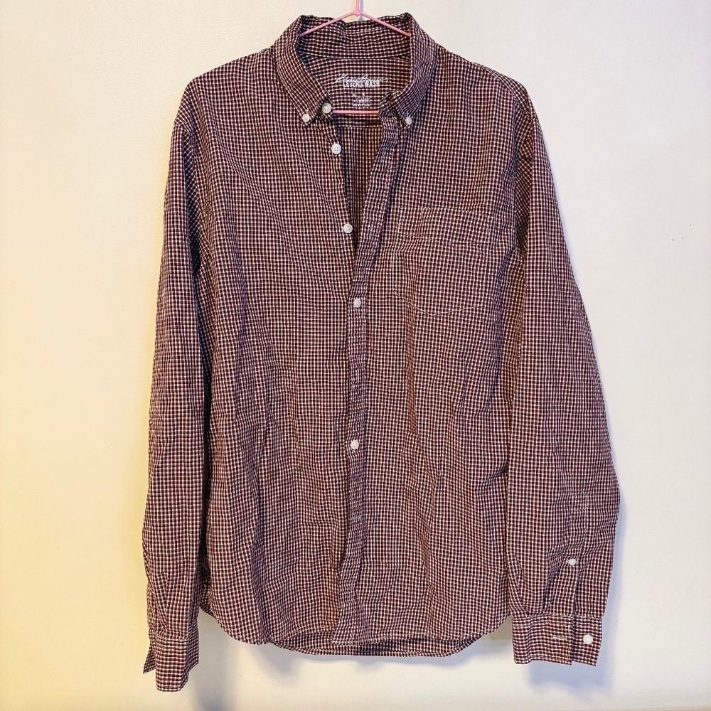 Eddie Bauer Collared Button Down Shirt Red Black White Checkered Mens Size M
